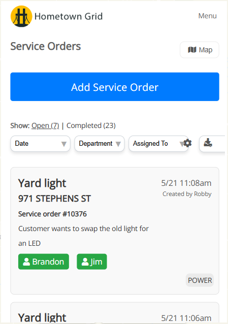 Service order list for everyday utility work
